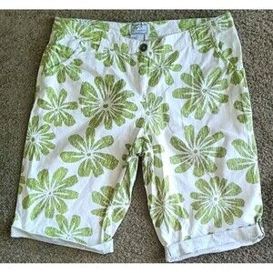 Women Linen Blend Knee Bermuda Shorts Sz 13 Green Tropical Print Ashley New Y2K